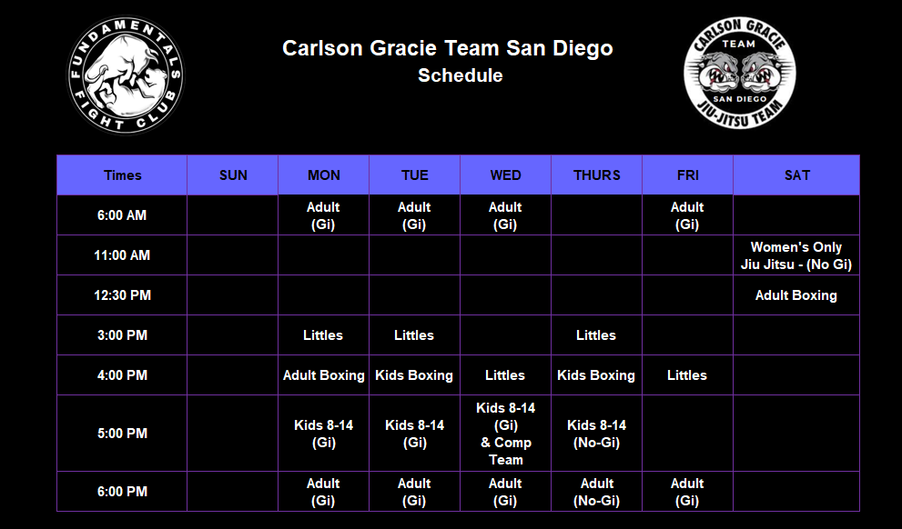 Current class schedule and upcoming events